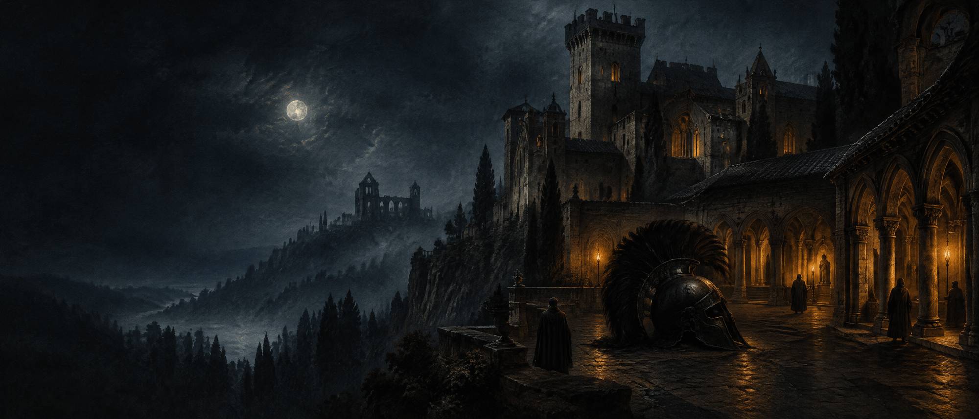 Illustration (AI-generated): A moonlit Italianate Gothic castle on a crag above a dark forest, an immense black-plumed helmet lying in the courtyard, cloisters and torchlit arches, an abbey ruin on a far hill; the left third of the image is dark open sky.