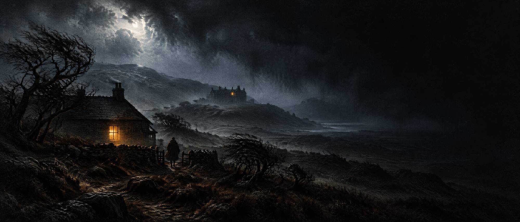 Illustration (AI-generated): A lonely moorland at night: a stone farmhouse with one lit window bent against the wind, gnarled thorn trees, a storm moving over the hills, a distant mansion with a single burning upper window; the right third of the image is dark open sky.