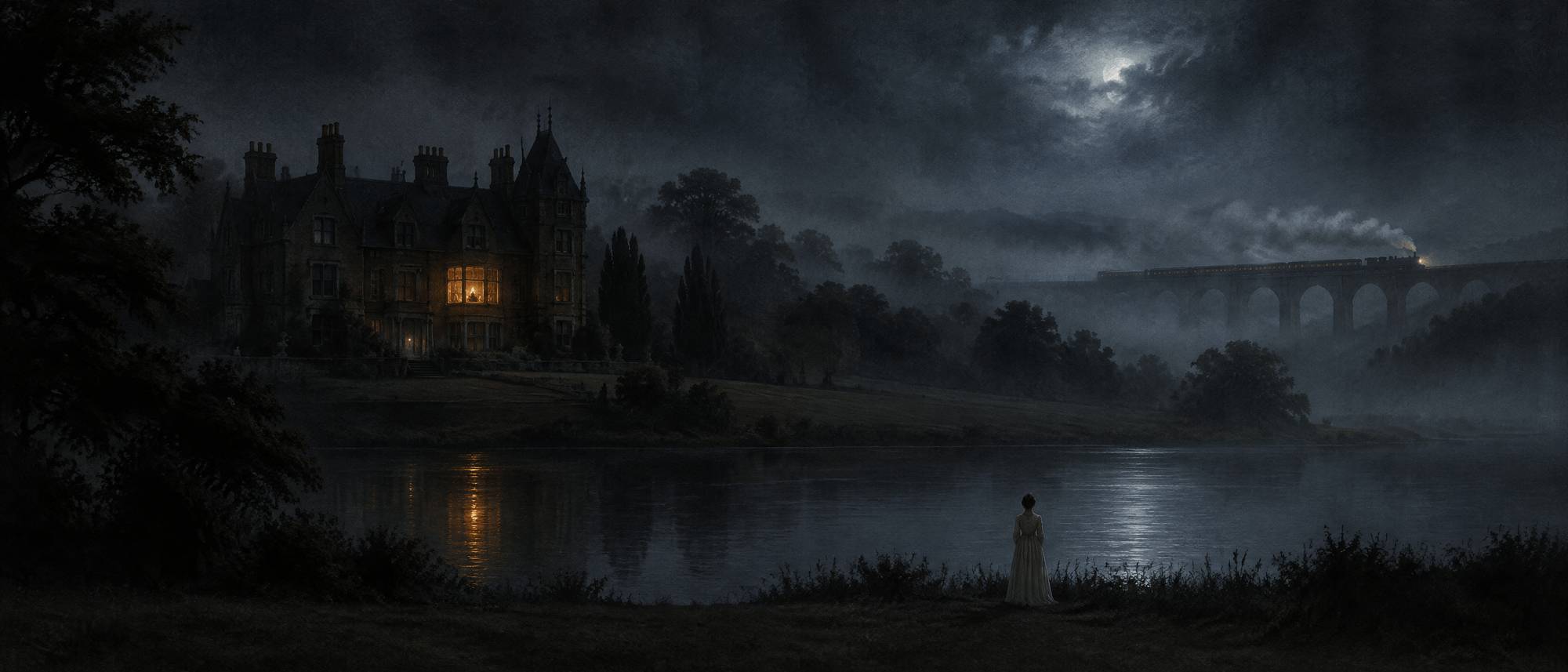Illustration (AI-generated): A Victorian country house at night seen across a lake and a lawn, gaslight in a library window, a railway viaduct with a steaming train crossing in the far distance, a woman in white standing small by the water's edge seen from behind; the upper third is misty dark sky.