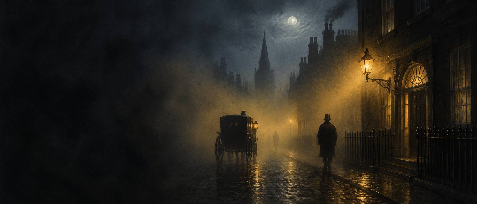 Illustration (AI-generated): Gaslit late-Victorian London street at night in thick yellow fog: hansom cab, wet cobbles, a doorway with a fanlight, a tall figure in a top hat walking away, chimney stacks and a church spire dissolving into fog; the left third is dark fog.