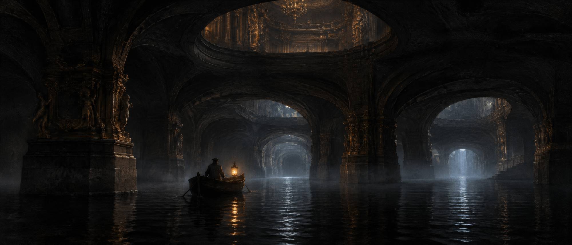 Illustration (AI-generated): The vast underside of a grand Parisian opera house at night: a black underground lake beneath stone vaults, a small boat with a lantern drifting on it, gilded ornament glinting in the dark far above; the upper third is dark vaulting.