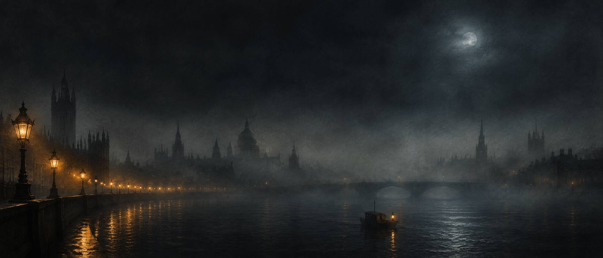 Illustration (AI-generated): The Thames at night in fog: gas lamps along an embankment, the towers of Westminster and a domed cathedral dissolving into mist, a bridge, a small lantern-lit boat on the dark river, and a pale moon.